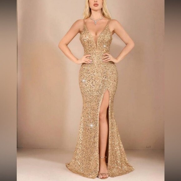 Luxe gold slit thigh sequins party dress - Picture 1 of 5